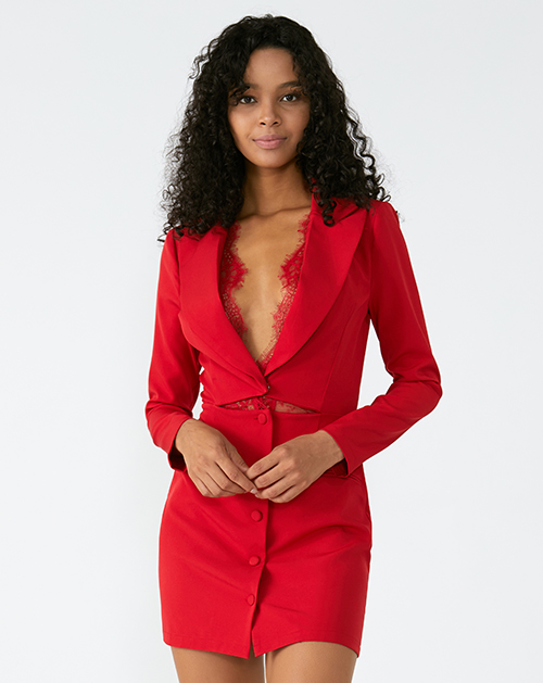 外贸服装厂2019春夏新款红色V领蕾丝拼接西装连衣裙
