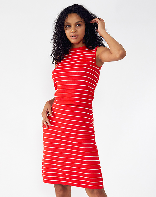 外贸服装厂2019春夏新款圆领无袖红色条纹套装裙子
